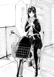 Rule 34 | 1girl, backpack, bag, bicycle, blazer, blush, can, commentary request, day, fringe trim, full body, greyscale, highres, hiwatari rin, holding, holding can, jacket, loafers, long hair, long sleeves, looking at viewer, monochrome, open clothes, open jacket, original, outdoors, pantyhose, parted lips, pleated skirt, scarf, school uniform, shirt, shoes, skirt, solo, vending machine