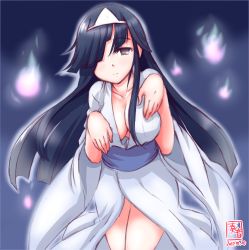 Rule 34 | 1girl, alternate costume, black hair, breasts, cleavage, commentary request, dated, grey eyes, hair over one eye, hayashimo (kancolle), highres, hitodama, japanese clothes, kanon (kurogane knights), kantai collection, kimono, long hair, looking at viewer, no bra, sketch, smile, solo, triangular headpiece, yukata