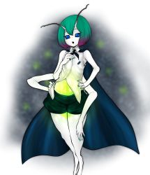 Rule 34 | 1girl, alternate hair color, arthropod girl, blue nails, blue sclera, breasts, bug, collared shirt, colored sclera, colored skin, extra arms, firefly, full body, glowing, gradient hair, green hair, green shorts, hand on own hip, insect, miazuma sarin, midriff, multicolored hair, nail polish, no pupils, open mouth, pink hair, shirt, short hair, shorts, sleeveless, sleeveless shirt, small breasts, solo, third-party source, touhou, white shirt, white skin, wriggle nightbug
