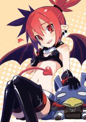 Rule 34 | 1girl, absurdres, bare shoulders, black bra, black footwear, black gloves, boots, bra, breasts, disgaea, earrings, elbow gloves, etna (disgaea), gloves, heart, heart tail, highres, jewelry, looking at viewer, makai senki disgaea, pointy ears, red eyes, red hair, red thighhighs, short hair, simple background, sitting, skirt, skull earrings, slit pupils, small breasts, solo, studded bracelet, tail, thigh boots, thighhighs, thighhighs under boots, twintails, underwear