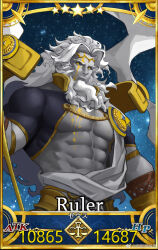 Rule 34 | 1boy, abs, absurdres, akunaakun (kunkun586586), bara, beard, colored skin, facial hair, fate/grand order, fate (series), grey skin, highres, holding, holding staff, large pectorals, long beard, long hair, looking at viewer, male focus, mature male, muscular, muscular male, nipples, old, old man, pectoral cleavage, pectorals, servant card (fate/grand order), solo, staff, stomach, upper body, very long hair, white hair, zeus (fate)