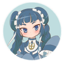 Rule 34 | 1girl, anchor symbol, aqua background, bad id, bad pixiv id, blue eyes, blue hair, blunt bangs, blush, braid, brooch, chun meiyui, circle, closed mouth, commentary request, double bun, frilled sleeves, frills, hair bun, hair ornament, head tilt, jewelry, long hair, long sleeves, looking at viewer, magia record: mahou shoujo madoka magica gaiden, mahou shoujo madoka magica, portrait, she li (lynxm), sleeves past fingers, sleeves past wrists, solo, tareme, twin braids, twintails