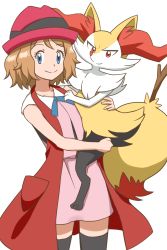 Rule 34 | 1girl, 563541, animal ear fluff, black thighhighs, blue eyes, blue ribbon, braixen, brown hair, closed mouth, commentary request, creatures (company), dress, eyelashes, game freak, gen 6 pokemon, hat, highres, holding, holding pokemon, looking at viewer, medium hair, neck ribbon, nintendo, pink dress, pink headwear, pokemon, pokemon (anime), pokemon (creature), pokemon xy (anime), ribbon, serena (pokemon), simple background, smile, split mouth, thighhighs, white background
