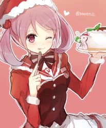 Rule 34 | 10s, 1girl, ;p, bad id, bad twitter id, bow, bowtie, brown bow, brown bowtie, cake, food, fork, hair bobbles, hair ornament, hat, heart, hiiragi souren, holding, kantai collection, long sleeves, looking at viewer, mini hat, name tag, one eye closed, party hat, pink background, pink eyes, pink hair, plate, santa costume, santa hat, sazanami (kancolle), simple background, smile, solo, stuffed animal, stuffed rabbit, stuffed toy, tongue, tongue out, twintails, twitter username