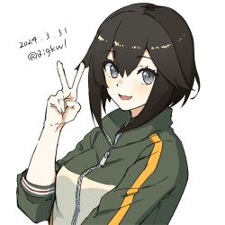 Rule 34 | 1girl, absurdres, bigkwl, black hair, green jacket, grey eyes, hayasui (kancolle), highres, jacket, kantai collection, multicolored clothes, multicolored jacket, official alternate costume, one-hour drawing challenge, open mouth, short hair, simple background, smile, solo, upper body, v, white background