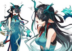 Rule 34 | 1girl, absurdres, arknights, black hair, china dress, chinese clothes, dragon girl, dragon horns, dragon tail, dress, dusk (arknights), dusk (everything is a miracle) (arknights), earrings, fiery tail, green horns, hair over one eye, highres, holding, holding sword, holding weapon, horns, jewelry, looking at viewer, mandarin collar, multicolored hair, multiple views, pointy ears, red eyes, slit pupils, streaked hair, sword, tail, tail ornament, tail ring, tassel, tassel earrings, weapon, yawning, yomosaka