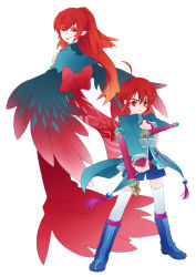 Rule 34 | 1boy, 1girl, ahoge, bad id, bad pixiv id, blue footwear, boots, bow, coat, dress, fenia, full body, gradient hair, knee boots, long hair, mao (tales), multicolored hair, orange hair, pointy ears, ponytail, red dress, red eyes, red hair, ribbon, shorts, simple background, smile, tales of (series), tales of rebirth, thighhighs, thighhighs under boots, tonfa, toufuno, weapon, white background, white thighhighs