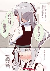 Rule 34 | 1girl, black dress, blush, closed eyes, closed mouth, collared shirt, comic, dress, flying sweatdrops, grey hair, hair ribbon, highres, kantai collection, kasumi (kancolle), kasumi kai ni (kancolle), long hair, long sleeves, nueco, open mouth, pinafore dress, red ribbon, ribbon, shirt, side ponytail, sleeveless, sleeveless dress, smile, solo, speech bubble, translation request, tsundere, white day, white shirt