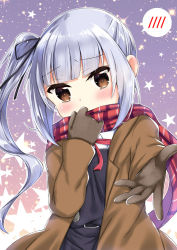 Rule 34 | 1girl, black ribbon, blush, brown coat, brown eyes, brown gloves, checkered clothes, checkered scarf, coat, commentary request, gloves, hair between eyes, hair ribbon, hand on own face, k hiro, kantai collection, kasumi (kancolle), kasumi kai ni (kancolle), looking at viewer, outstretched arm, ribbon, scarf, side ponytail, sidelocks, silver hair, solo, spoken blush, star (symbol), starry background