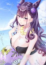 Rule 34 | 1girl, absurdres, bare shoulders, blush, breasts, cloud, commentary request, cone hair bun, double bun, earrings, fate/grand order, fate (series), floral print, hair bun, hair ornament, highres, innertube, jewelry, large breasts, long hair, murasaki shikibu (fate), necklace, parted lips, purple eyes, purple hair, sky, solo, swim ring, swimsuit, tobi (pixiv41237754), very long hair