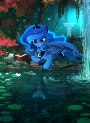 Rule 34 | absurdres, animal focus, blue eyes, blue fur, book, bug, butterfly, commentary, crescent, cup, different reflection, fish, forest, glowing, glowing hair, highres, horns, insect, koi, lily pad, looking down, luna (my little pony), lying, my little pony, my little pony: friendship is magic, nature, no humans, open book, outdoors, pegasus, pegasus wings, pony (animal), reflection, reflective water, ripples, single horn, tiara, tree, unicorn, water, waterfall, winged unicorn, wings, yakovlev-vad