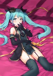 Rule 34 | 1girl, absurdres, aqua eyes, aqua hair, black gloves, black thighhighs, blush, elbow gloves, garter straps, gloves, hair between eyes, hatsune miku, highres, lgw7, long hair, looking at viewer, lying, necktie, on back, riding crop, solo, thighhighs, twintails, vocaloid