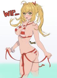 Rule 34 | :d, absurdres, ahoge, ass, bad id, bad pixiv id, bikini, blonde hair, blush, bracelet, breasts, c.honey, cleavage, commentary, contrapposto, covered erect nipples, cowboy shot, criss-cross halter, english commentary, fate/grand order, fate (series), from side, gradient background, green eyes, hair intakes, halterneck, highres, jewelry, large breasts, long hair, looking at viewer, navel, nero claudius (fate), nero claudius (fate) (all), nero claudius (swimsuit caster) (fate), open mouth, side-tie bikini bottom, sidelocks, simple background, smile, standing, striped bikini, striped clothes, swimsuit, twintails, twisted torso, unfinished, wading