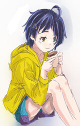 Rule 34 | 1girl, bare legs, blue eyes, blue hair, closed mouth, cup, dot nose, feet out of frame, female focus, happy, heterochromia, holding, holding cup, hood, hood down, hooded jacket, jacket, looking ahead, lowres, ooto ai, raised eyebrows, shirufue, short hair, short shorts, shorts, simple background, sketch, smile, solo, tareme, white background, wonder egg priority, yellow eyes, yellow jacket
