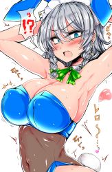 Rule 34 | 1girl, alternate costume, animal ears, armpits, blue eyes, blush, braid, breasts, cleavage, covered erect nipples, detached collar, earrings, grey hair, highres, izayoi sakuya, jewelry, large breasts, looking at viewer, maid headdress, navel, playboy bunny, rabbit ears, rabbit tail, roki (hirokix), see-through, simple background, solo, sweat, tail, touhou, translation request, upper body, white background, wrist cuffs