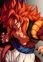 Rule 34 | 1boy, abs, bare pectorals, blue eyes, body fur, brown fur, dragon ball, dragon ball gt, fusion, fusion dance, gogeta, highres, looking at viewer, male focus, metamoran vest, monkey boy, monkey tail, muscular, muscular male, no nipples, obi, pants, pectorals, red hair, relio db318, sash, smile, solo, spiked hair, super saiyan, super saiyan 4, tail, white pants