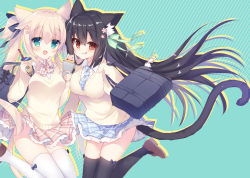 Rule 34 | 2girls, :d, :q, animal ear fluff, animal ears, bag, black hair, black legwear, blue necktie, blue skirt, blush, bow, bowtie, brown bow, brown eyes, brown footwear, brown skirt, brown sweater, cat ears, cat girl, cat tail, closed mouth, collared shirt, commentary request, crepe, cup, diagonal stripes, disposable cup, drinking straw, drop shadow, food, green background, green bow, green eyes, hair between eyes, hair bow, holding, holding cup, light brown hair, loafers, long hair, long sleeves, multiple girls, necktie, open mouth, original, pink bow, pink bowtie, plaid, plaid bow, plaid bowtie, plaid necktie, plaid neckwear, plaid skirt, pleated skirt, school bag, school uniform, shirt, shoes, skirt, sleeves past wrists, smile, striped, striped background, sumii, sweater, tail, thighhighs, tongue, tongue out, twintails, very long hair, white legwear, white shirt