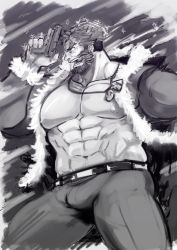 Rule 34 | 1boy, abs, bara, bare pectorals, beard, bulge, ded (housamo), facial hair, from side, fur-trimmed jacket, fur trim, greyscale, grin, gun, harada (basashi), holding, holding gun, holding weapon, jacket, large pectorals, looking to the side, male focus, mature male, monochrome, muscular, muscular male, navel, nipples, official alternate costume, open clothes, open jacket, pants, pectorals, purple theme, santa costume, short hair, sketch, smile, solo, stomach, thick thighs, thighs, tight clothes, tight pants, tokyo houkago summoners, weapon, weapon request
