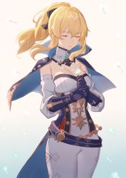 Rule 34 | 1girl, absurdres, after3310, belt, blonde hair, blue capelet, blush, bow, breasts, capelet, cleavage, closed eyes, dandelion, flower, gauntlets, genshin impact, hair bow, highres, jean (genshin impact), long hair, medium breasts, multicolored capelet, pants, ponytail, sidelocks, solo, tight clothes, tight pants, white pants