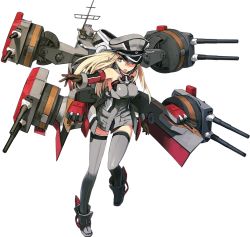 Rule 34 | 10s, 1girl, bismarck (kancolle), bismarck kai (kancolle), blonde hair, boots, breasts, brown gloves, cannon, detached sleeves, full body, gloves, grey eyes, grey footwear, grey thighhighs, hat, kantai collection, large breasts, long hair, mecha musume, official art, open mouth, peaked cap, shimada fumikane, solo, thighhighs, transparent background