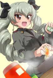 Rule 34 | 10s, 1girl, :d, anchovy (girls und panzer), anzio military uniform, belt, black necktie, black ribbon, black shirt, blurry, blurry background, commentary request, cookie, cracked egg, dress shirt, drill hair, dutch angle, egg, food, girls und panzer, green background, green hair, grey jacket, hair ribbon, holding, holding food, jacket, kanau, long hair, long sleeves, looking at viewer, military, military uniform, necktie, open mouth, red eyes, ribbon, sam browne belt, shaker, shirt, simple background, frying pan, smile, solo, twin drills, twintails, uniform, upper body, wing collar