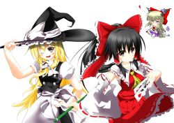 Rule 34 | 3girls, apron, ascot, black hair, blonde hair, blush, bow, braid, chibi, collar, collarbone, detached sleeves, frilled bow, frilled collar, frilled shirt collar, frills, gourd, grey eyes, hair bow, hair tubes, hakurei reimu, hand on headwear, hand on own hip, hat, hat bow, heart, horn ornament, horn ribbon, horns, ibuki suika, japanese clothes, kirisame marisa, long hair, miko, multiple girls, ofuda, one eye closed, ponytail, puffy short sleeves, puffy sleeves, red eyes, red skirt, ribbon, ribbon-trimmed clothes, ribbon-trimmed sleeves, ribbon trim, sarashi, short hair, short sleeves, simple background, single braid, skirt, skirt set, smile, stachz, touhou, very long hair, vest, waist apron, white background, wink, witch, witch hat
