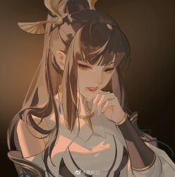 Rule 34 | 1girl, backlighting, brown hair, dark, detached sleeves, dress, gradient background, hair ornament, hand up, long hair, looking to the side, parted lips, ponytail, portrait, shanguang wan&#039;er (wangzhe rongyao), solo, teeth, thinking, wangzhe rongyao, white dress, yanzhi bai