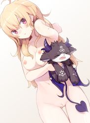 Rule 34 | 1girl, ahoge, animal, armpit crease, blonde hair, blush, breasts, cleft of venus, completely nude, cowboy shot, creature, demon, dutch angle, female pubic hair, gluteal fold, gradient background, grey background, hand up, highres, holding, holding animal, long hair, looking at viewer, looking to the side, medium breasts, miyako (naotsugu), moderate pubic hair, navel, nijisanji, nipples, nude, parted lips, pink eyes, pubic hair, pussy, simple background, solo, standing, sweat, takamiya rion, thigh gap, uncensored, virtual youtuber, wet