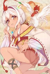Rule 34 | 1girl, 2017, :o, animal ears, artist name, ass, bad id, bad pixiv id, bird, blush, brown eyes, chicken, chinese zodiac, collarbone, detached sleeves, feathers, flat chest, from side, hair between eyes, highres, kneeling, looking at viewer, minari (minari37), nengajou, new year, nontraditional miko, open mouth, original, panties, red panties, ribbon-trimmed sleeves, ribbon trim, rooster, short hair with long locks, signature, smile, solo, string, string of fate, tan, tassel, teeth, thighs, underwear, white hair, year of the rooster