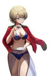 Rule 34 | 1girl, absurdres, artist name, bikini, bikini under clothes, blonde hair, blue bikini, blue eyes, blue sarong, braid, breasts, cleavage, closed mouth, commentary request, cup, darjeeling (girls und panzer), epaulettes, girls und panzer, highres, holding, holding cup, holding saucer, jacket, jacket on shoulders, korean commentary, long sleeves, looking to the side, medium breasts, military, military uniform, o-ring, o-ring bikini, pinky out, print bikini, red jacket, sarong, saucer, short hair, signature, simple background, skindentation, smile, solo, st. gloriana&#039;s military uniform, standing, swept bangs, swimsuit, tea, teacup, thighs, twin braids, uniform, union jack, union jack bikini, white background, wind, ydg (eorbsaos1004)
