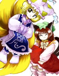 Rule 34 | 2girls, ^ ^, animal ear piercing, animal ears, animal hat, blonde hair, blue tabard, blush stickers, bow, bowtie, brown hair, cat ears, cat tail, chen, closed eyes, closed mouth, commentary, dress, fox tail, frilled headwear, frilled socks, frills, green headwear, hands in opposite sleeves, hat, highres, long dress, long sleeves, looking at viewer, medium hair, mob cap, multiple girls, multiple tails, open mouth, purple dress, purple headwear, red dress, smile, socks, tabard, tail, touhou, two tails, white background, yakumo ran, yakumora n, yellow eyes, zun (style)