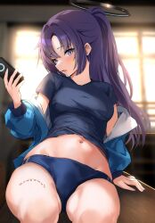 Rule 34 | 1girl, absurdres, awnw, black shirt, blue archive, blue buruma, blue jacket, blush, breasts, buruma, commentary request, gym shirt, gym uniform, halo, highres, holding, holding phone, indoors, jacket, jacket partially removed, long hair, looking at viewer, mechanical halo, medium breasts, midriff, navel, official alternate costume, open mouth, parted bangs, phone, purple eyes, purple hair, shirt, sitting, solo, star sticker, sticker on face, stomach, track jacket, twitter username, yuuka (blue archive), yuuka (track) (blue archive)