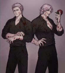 Rule 34 | 2boys, black pants, black shirt, blood, blood on clothes, blood on face, brothers, collared shirt, dante (devil may cry), dbox 2525, devil may cry (series), devil may cry 5, flower, hand on own hip, highres, holding, holding flower, male focus, multiple boys, muscular, muscular male, pants, red flower, red rose, rose, shirt, short hair, siblings, simple background, vergil (devil may cry), white hair