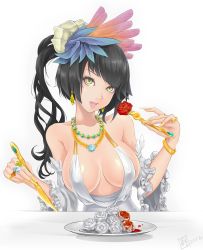 Rule 34 | 1girl, bad id, bad pixiv id, black hair, breasts, cleavage, covered erect nipples, flower, fork, frills, hair flower, hair ornament, highres, jewelry, knife, large breasts, looking at viewer, lots of jewelry, nail polish, original, plate, rose, solo, tongue, yellow eyes, yellow nails, zhean li