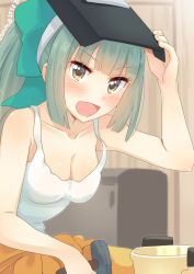 Rule 34 | 1girl, :d, aqua bow, bare arms, bare shoulders, blunt bangs, blush, bow, breasts, brown eyes, bucket, cleavage, collarbone, dated, green hair, hair bow, hammer, holding, kantai collection, leaning forward, long hair, looking at viewer, mask, mask on head, medium breasts, open mouth, pants, ponytail, sitting, sleeveless, smile, solo, tank top, tonarikeru, twitter username, welding mask, yellow pants, yuubari (kancolle)