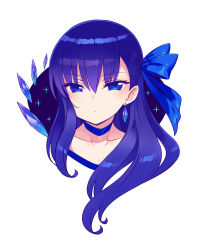 Rule 34 | 1girl, blue choker, blue eyes, blue hair, blue ribbon, blush, chan co, choker, closed mouth, collarbone, colored eyelashes, crystal earrings, earrings, expressionless, fate/grand order, fate (series), gem, hair ribbon, jewelry, long hair, meltryllis (fate), portrait, ribbon, blue gemstone, simple background, solo, sparkle, white background