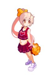 Rule 34 | 1girl, alternate costume, arms behind back, bare arms, bare legs, bare shoulders, bow, cheerleader, commentary, crop top, embarrassed, full body, genderswap, genderswap (mtf), gustavo schuler, hair bow, holding, holding pom poms, long hair, midriff, navel, onii-chan wa oshimai!, orange bow, orange eyes, oyama mahiro, pink hair, pleated skirt, pom pom (cheerleading), pom poms, ponytail, red skirt, red tank top, shoes, simple background, skirt, solo, standing, tank top, very long hair, wavy mouth, white background, white footwear