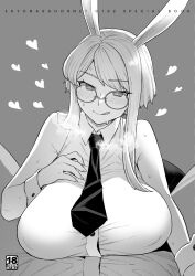 Rule 34 | 1girl, :q, animal ears, blush, breast rest, breasts, buttons, collared leotard, comiket 102, glasses, greyscale, hair over shoulder, hand on own chest, heart, highres, large breasts, leotard, long hair, monochrome, necktie, original, playboy bunny, rabbit ears, round eyewear, sleeveless, sweat, tongue, tongue out, wrist cuffs, yoshiragi