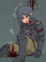 Rule 34 | 1girl, armor, blood, blood on wall, commentary request, empty eyes, foot out of frame, grey hair, guro, hair over one eye, injury, medium hair, shin guards, solo, the citadel, tozaumo, twitching
