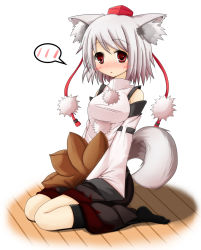 Rule 34 | 1girl, animal ears, bare shoulders, blush, breasts, detached sleeves, hat, highres, inubashiri momiji, large breasts, looking at viewer, mtd (matidappp), open mouth, pom pom (clothes), red eyes, shirt, short hair, silver hair, sitting, skirt, solo, tail, tokin hat, touhou, white shirt, wolf ears, wolf tail