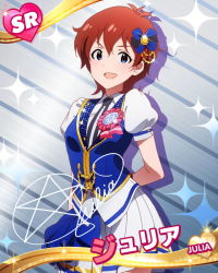 Rule 34 | 10s, 1girl, :d, arms behind back, blue eyes, bow, card (medium), character name, gradient background, grateful blue (idolmaster), hair bow, idolmaster, idolmaster million live!, julia (idolmaster), looking at viewer, million live card, official art, open mouth, red hair, sequins, short hair, silver background, smile, solo, striped background