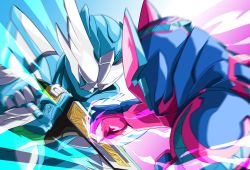 Rule 34 | 2boys, aqua background, aura, battle, brothers, clenched hand, face-to-face, fighting, gloves, highres, holy live, kamen rider, kamen rider live, kamen rider revi, kamen rider revice, kamen rider ultimate revi, livegun, miyabi (037), multiple boys, pink background, pink gloves, punching, siblings, upper body, visor, visor (armor), wing genome