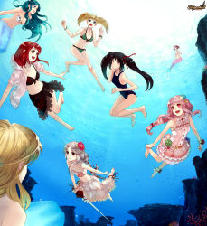 Rule 34 | 6+girls, anklet, bare legs, barefoot, bikini, black hair, blonde hair, blue eyes, bracelet, braid, bubble, buoyant hair, cardigan, competition swimsuit, coral, dress, end breaker!, fish, freediving, green hair, jewelry, long hair, mermaid, monster girl, multiple girls, non-web source, ocean, one-piece swimsuit, pink hair, red eyes, red hair, rock, sarong, short hair, short twintails, skirt, swimming, swimsuit, topless, twintails, underwater, water, white hair
