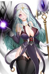 Rule 34 | 1girl, alkyde (soccer spirits), aqua hair, artist request, bare shoulders, black thighhighs, breasts, cleavage, detached sleeves, garter straps, gloves, habit, hair over one eye, highres, holding, holding staff, large breasts, long hair, looking at viewer, magic, non-web source, official art, purple eyes, snowball22, soccer spirits, solo, staff, standing, thighhighs, tongue, tongue out, transparent background, white gloves