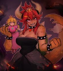 Rule 34 | 2girls, puff of air, armlet, artist name, bad id, bad tumblr id, bare shoulders, black dress, black nails, blonde hair, blue eyes, bowsette, bracelet, breasts, brooch, carrying, claws, cleavage, clenched hand, collar, commentary, crown, dark-skinned female, dark skin, dress, earrings, embers, english commentary, evil smile, eyelashes, eyes visible through hair, fangs, fewer digits, fire, giant, giantess, gloves, glowing, grin, hair between eyes, hand on another&#039;s shoulder, heart, highres, holding hands, horns, jewelry, large breasts, long hair, looking at viewer, mario (series), matilda fiship, mini crown, monster girl, multiple girls, nail polish, new super mario bros. u deluxe, nintendo, outline, pink dress, pink outline, ponytail, princess peach, puffy short sleeves, puffy sleeves, red eyes, red hair, scales, sharp teeth, short sleeves, simple background, sitting, sitting on arm, smile, spiked armlet, spiked bracelet, spiked collar, spiked shell, spiked tail, spikes, strapless, strapless dress, super crown, sweat, tail, teeth, thick eyebrows, turtle shell, uneven eyes, upper body, v-shaped eyebrows, white gloves, yuri