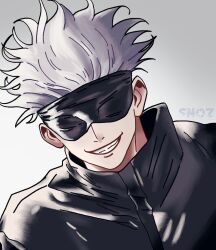 Rule 34 | blindfold, commentary, english commentary, gakuran, gojou satoru, gradient background, highres, jujutsu kaisen, leaning to the side, male focus, school uniform, signature, smile, snozberriezz, watermark, white background, white hair