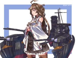 Rule 34 | 10s, 1girl, attyon, bare shoulders, boots, breasts, brown hair, crossed arms, detached sleeves, double bun, hair bun, hairband, headgear, japanese clothes, kantai collection, kongou (kancolle), kongou kai ni (kancolle), long hair, nontraditional miko, skirt, smile, solo, standing, thigh boots, thighhighs