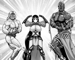 Rule 34 | 1girl, 2boys, abs, armlet, armor, bald, belt, biceps, blush, bodysuit, breasts, darius iii (fate), dark-skinned male, dark skin, earrings, fate/grand order, fate (series), flexing, gloves, greyscale, grin, huge breasts, japanese armor, jewelry, kanno takanori, kote, long hair, low-tied long hair, manly, mask, minamoto no raikou (fate), monochrome, multiple boys, muscular, no pupils, pectorals, ponytail, smile, sparkle, spartacus (fate), standing, tattoo, teeth, topless male, trait connection, veins, very long hair