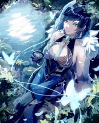 1girl black_gloves blue_hair breasts bug butterfly chinese_clothes cup denim dice earrings flower genshin_impact gloves green_eyes highres holding holding_cup insect jeans jewelry leaf looking_to_the_side milk_(ohota_ye1) necklace pants petals petals_on_liquid reflection short_hair smile solo yelan_(genshin_impact)