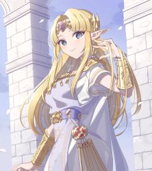 Rule 34 | 1girl, blonde hair, blue eyes, blush, bracer, circlet, dress, earrings, jewelry, long hair, looking at viewer, miri (cherryjelly), necklace, nintendo, pointy ears, princess zelda, simple background, smile, solo, super smash bros., the legend of zelda, the legend of zelda: a link between worlds, tiara, triforce
